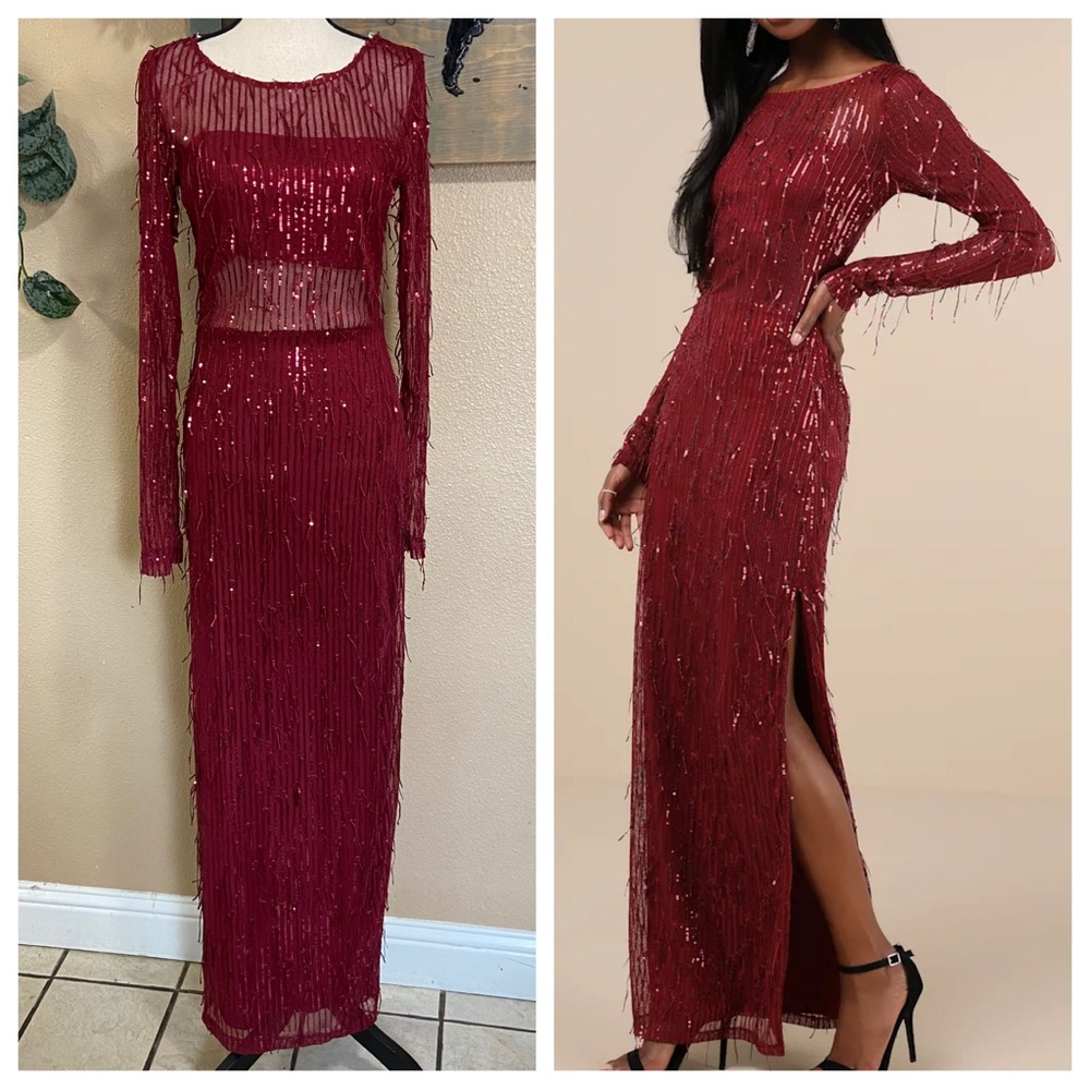 NWOT Lulus Sheer Fascination Burgundy Sheer Mesh Sequin Fringe Maxi Dress